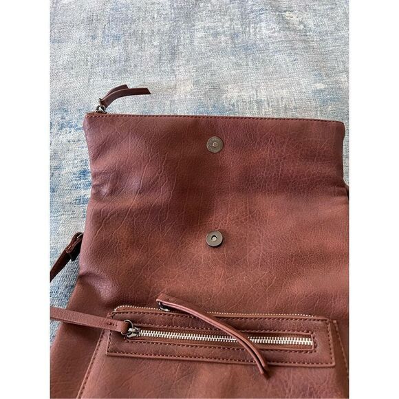 Brown Faux Leather Fold Over Bucket Shoulder Convertible Backpack - Picture 4 of 8